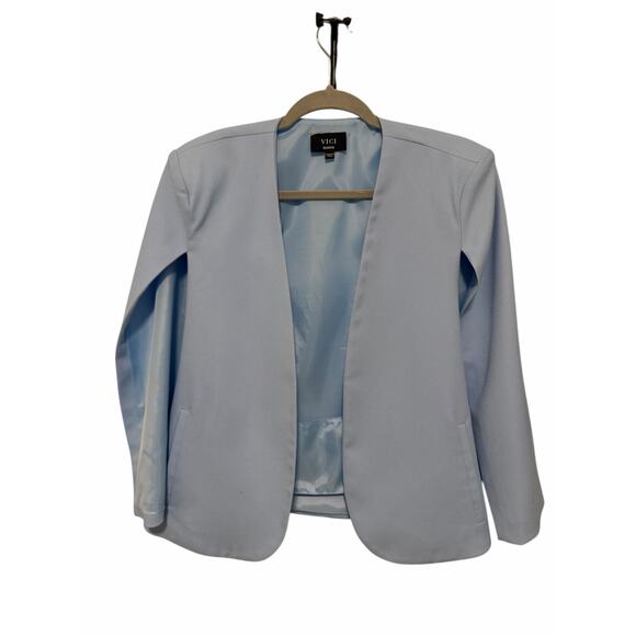 Vici Women's Medium Baby Blue Split Long Sleeve Pocketed Cape Blazer - Picture 2 of 10